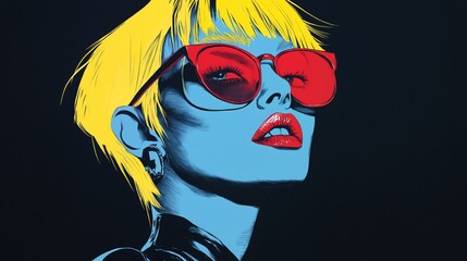 Wall Mural - A woman with yellow hair and red sunglasses.