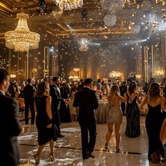 Luxurious ballroom event with elegantly dressed guests dancing under sparkling chandeliers and festive lighting