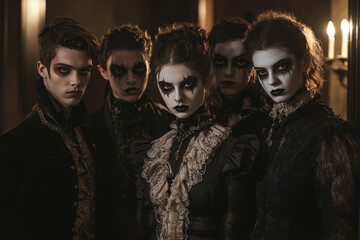 Group of friends wearing halloween costumes posing in a haunted house