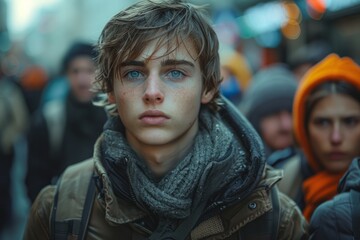 Young man with striking blue eyes in a bustling urban crowd during a chilly evening