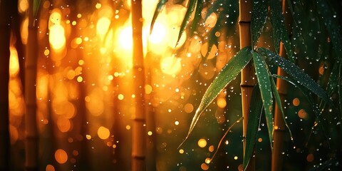 Poster - Golden Sunlight Through Dew-Covered Bamboo