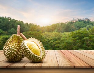 Fresh durians displayed on a wooden table with a scenic background of lush greenery and a beautiful sunset.