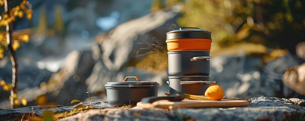 Versatile and durable camping stove and cookware, 4K hyperrealistic photo