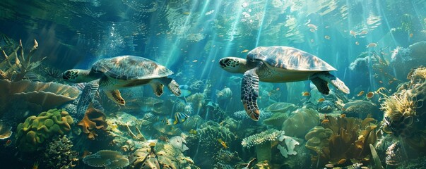 Wall Mural - Underwater scene with sea turtles, 4K hyperrealistic photo