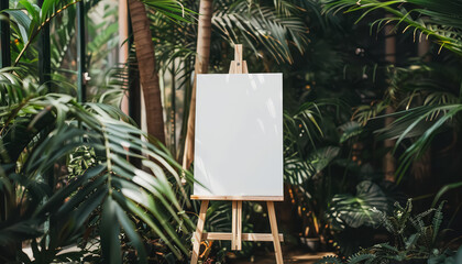 Wall Mural - A white canvas is propped up on a wooden easel in a lush green jungle