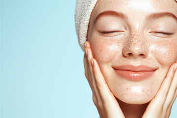 Close-up of a young woman with freckles enjoying a spa treatment with her eyes closed touching her face, radiating beauty and relaxation. Copy space light blue background. dermatology and  skincare