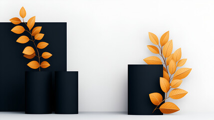 Wall Mural - Black and White Minimalist Product Display with Autumn Leaves