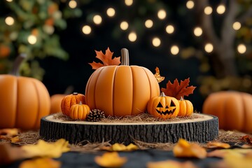 A group of pumpkins with fall leaves and lights for Halloween.