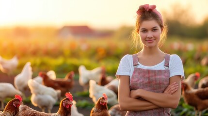 A young woman stands confidently among chickens in a vibrant farmyard, enjoying the warm glow of the setting sun and the tranquility of rural life