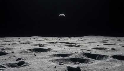 Wall Mural - moons pitted surface with rocky formations and fine dust earth a distant blue orb in the dark sky te