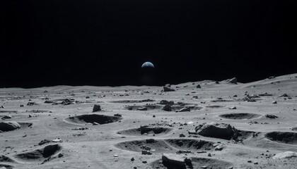 Wall Mural - rugged moon terrain with deep craters and rocky outcrops earth appearing far in the distance as a ti