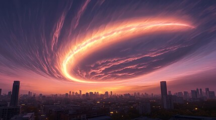 Canvas Print - A large circular cloud formation over a city at sunset, AI