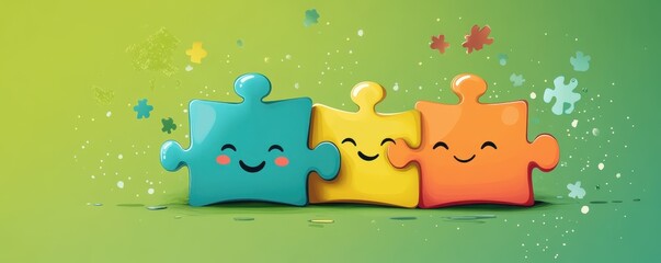 Wall Mural - Smiling cartoon data integration puzzle pieces connecting on lime green background