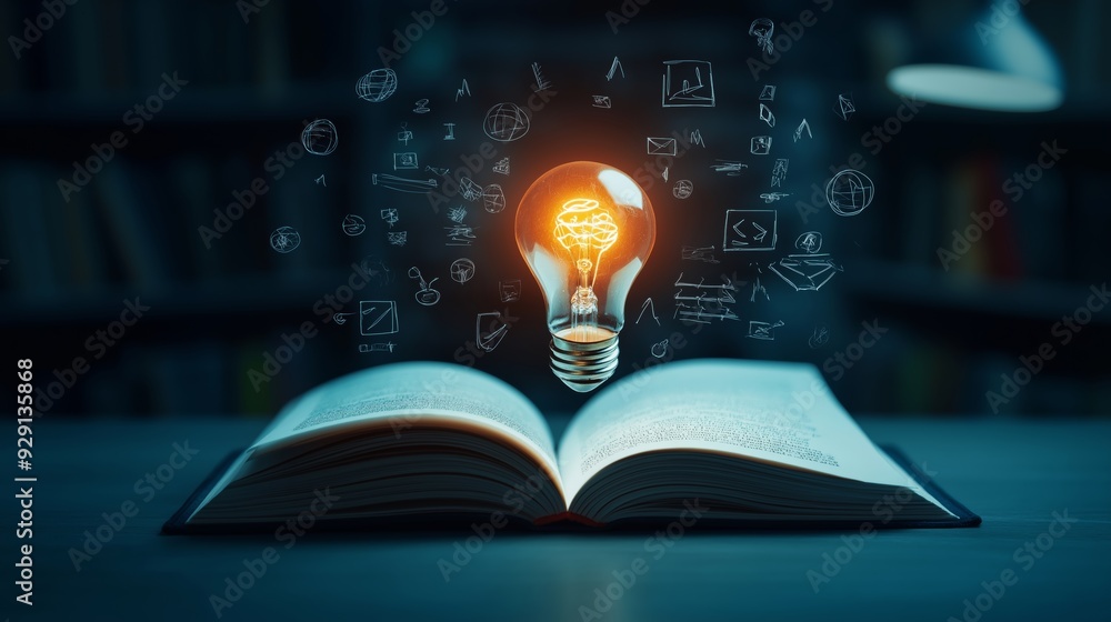 Open book with a glowing lightbulb hovering above symbolizing knowledge ...