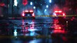 © kinara art design - A close-up view of a wet street with a yellow crime scene tape and red and blue lights reflecting in a puddle.
