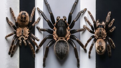 Wall Mural - Close-Up Trio of Tarantulas on Dark Background - Arachnid Wildlife Detail”