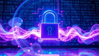 sleek digital padlock on a high-tech screen illuminated by neon purple and blue surrounded by swirling data clouds and binary code emphasizing security measures against data