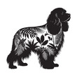 © orion - silhouette of Cavalier Spaniel, filled with tropical plant in the jungle in rough drawing,