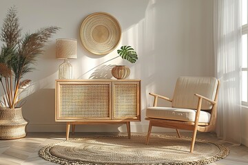 Stylish scandinavian living room interior of modern apartment with wooden commode, design armchair, carpet, leaf in vase, table lamp and personal accessories in unique