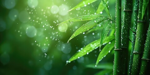 Wall Mural - Lush Green Bamboo Stalks and Leaves Covered in Raindrops