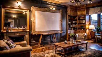 Poster - Ornate Living Room with Large Framed Canvas and Wooden Bookcase