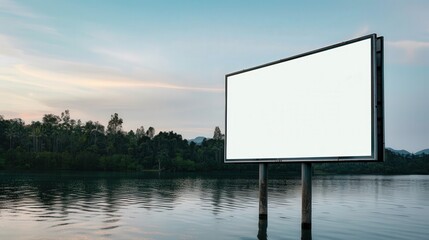 Lakeside Billboard Serenity, an empty advertisement space beside calm waters, surrounded by lush greenery, inviting nature-themed messages to enhance the peaceful landscape.