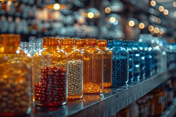 Wall Mural - Colorful glass jars filled with various pills and supplements in a well-lit health store during the evening