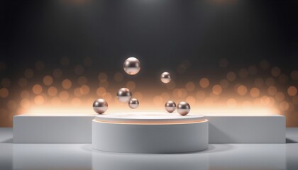 minimalist podium with hovering metallic spheres product highlighted with ambient light dark gradient background with light bokeh contemporary and elegant