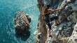 © IMG visuals AI - Brunette female climber scales rocky cliff above sparkling blue sea image,. Woman athletic build, climbing gear photography scene wallpaper. Persistence endurance concept photorealistic