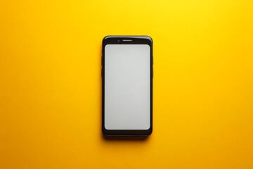  A modern smartphone with a sleek black frame and a blank white screen is displayed against a vibrant yellow background. The phone is centered and viewed from above, emphasizing its minimalist design 