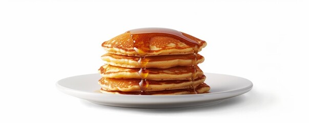 Wall Mural - Stack of fluffy pancakes with syrup on white background, 4K hyperrealistic photo