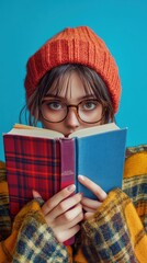 Poster - A woman in a hat and sweater holding two books, AI