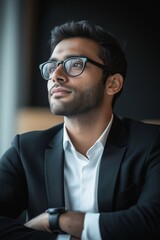 Wall Mural - A man in a suit and glasses is looking out the window. He is deep in thought