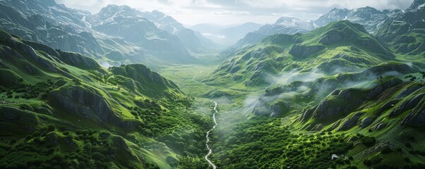 Wall Mural - Lush valley with a winding river, 4K hyperrealistic photo