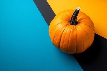 Aufkleber - A single orange pumpkin sits on a blue and yellow background with a black line separating the colors.