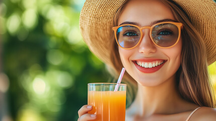 Close up portrait of a beautiful, smiling woman wearing a straw hat and orange glasses, holding a glass of fresh juice against a summer green background