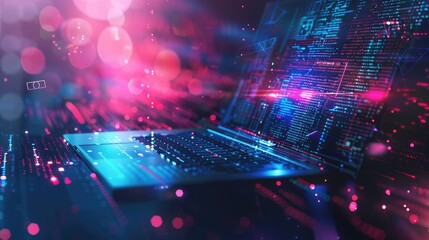 Laptop with glowing code on screen