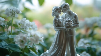 a delicately detailed porcelain figurine of a wedded couple embracing, set against a backdrop of whi