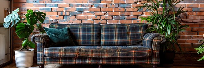 plaid couch isolated on brick wall, houseplant, copy space 