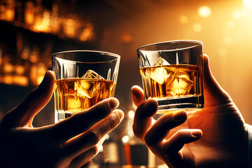 close-up two men's hands clinking whiskey glasses in a bar