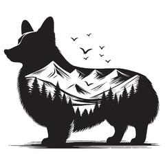 silhouette of Corgi, filled with mountain and nature view in rough drawing,