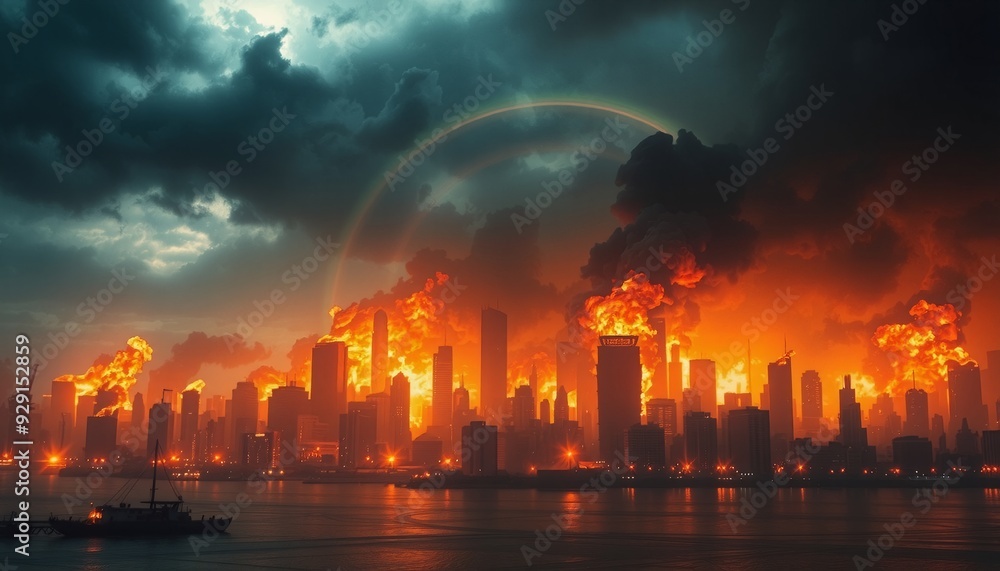 Burning city skyline apocalyptic scene dramatic lighting Stock Photo ...