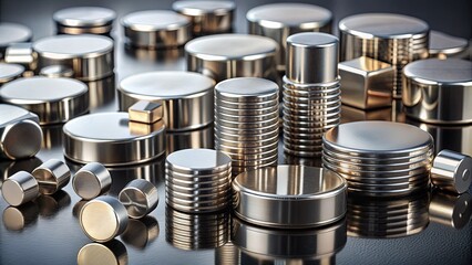 Strong neodymium magnets in various sizes and shapes lie scattered on a reflective metal surface, showcasing their powerful attraction and versatility in industrial applications.