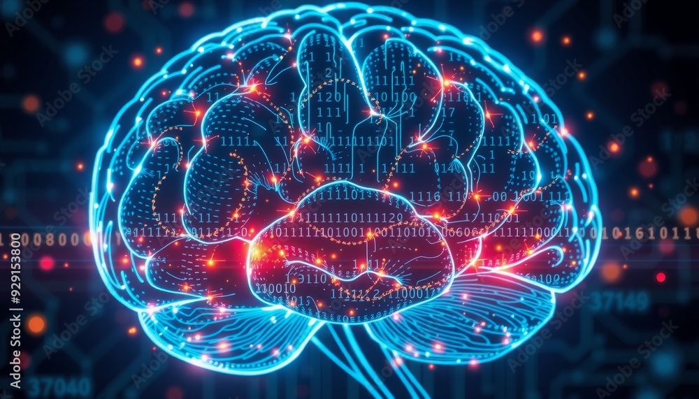 human brain outline filled with neon neurons binary code overlay ...
