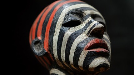 A close-up of a wooden mask with black, white, and red stripes, set against a dark background. The mask's painted features and texture are visible.