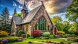 © Four888 - Stunning stone church with beautiful stained glass windows and a majestic steeple, surrounded by lush greenery, symbolizing faith, hope, and community.