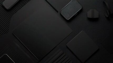 Black Minimalist Tech Mockup: A flat lay of sleek black tech devices on a textured black background, perfect for showcasing your brand or design.