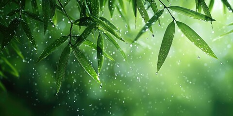 Poster - Rain Droplets Falling on Lush Green Bamboo Leaves