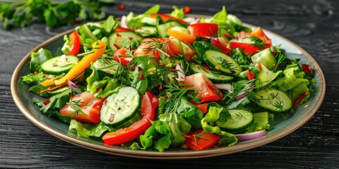 Fresh green salad with a variety of vegetables and herbs a nutritious and flavorful dish Cucumber lettuce tomato bell pepper scallion parsley dill and dressing Vertical image