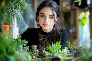 A young woman with dark hair and brown eyes gazes intently at a collection of herbs and plants